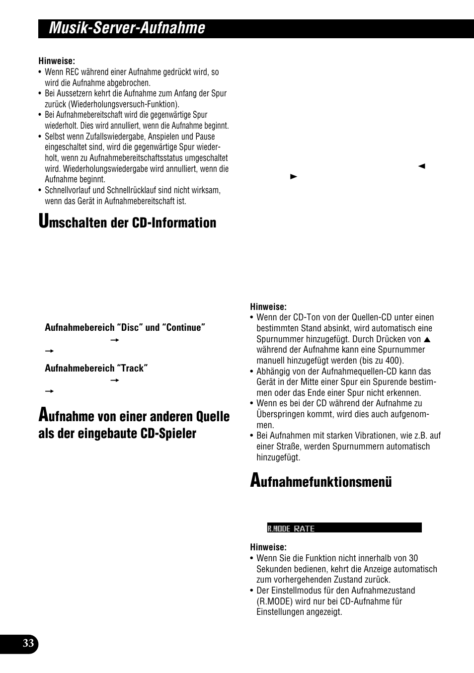 Als der eingebaute cd-spieler, Aufnahmefunktionsmenü, Musik-server-aufnahme | Mschalten der cd-information, Ufnahmefunktionsmenü | Pioneer DEH-P900HDD User Manual | Page 34 / 176