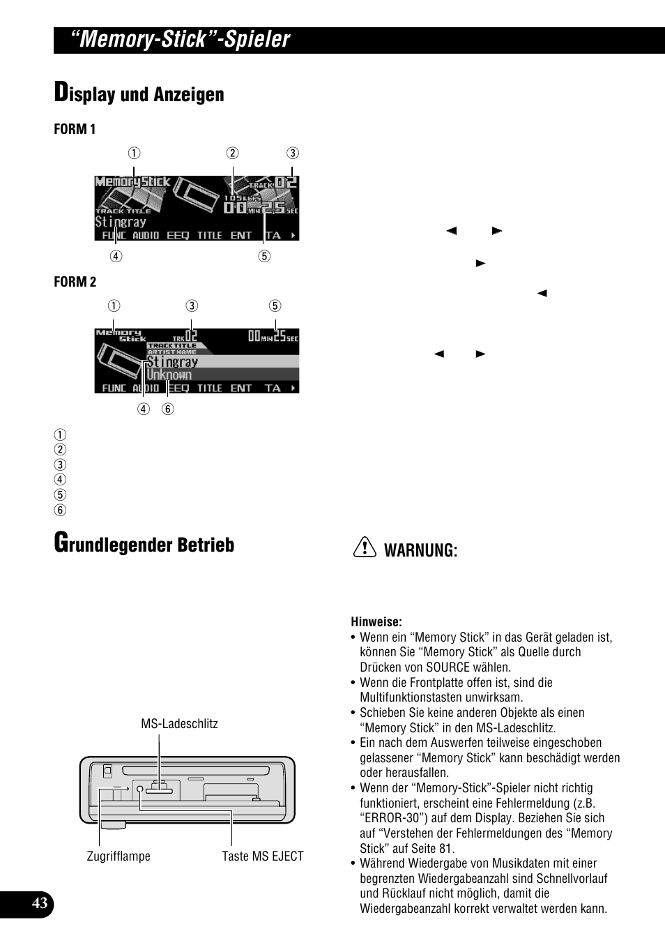 Memory-stick”-spieler, Display und anzeigen grundlegender betrieb, Isplay und anzeigen | Rundlegender betrieb, Warnung | Pioneer DEH-P900HDD User Manual | Page 44 / 176
