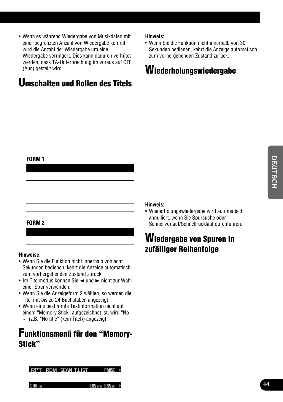 Reihenfolge, Mschalten und rollen des titels, Iederholungswiedergabe | Iedergabe von spuren in zufälliger reihenfolge | Pioneer DEH-P900HDD User Manual | Page 45 / 176