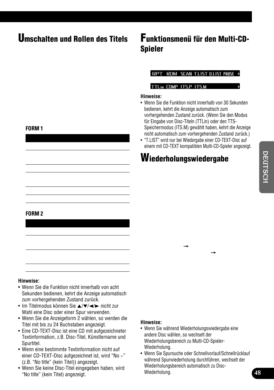Mschalten und rollen des titels, Unktionsmenü für den multi-cd- spieler, Iederholungswiedergabe | Pioneer DEH-P900HDD User Manual | Page 49 / 176