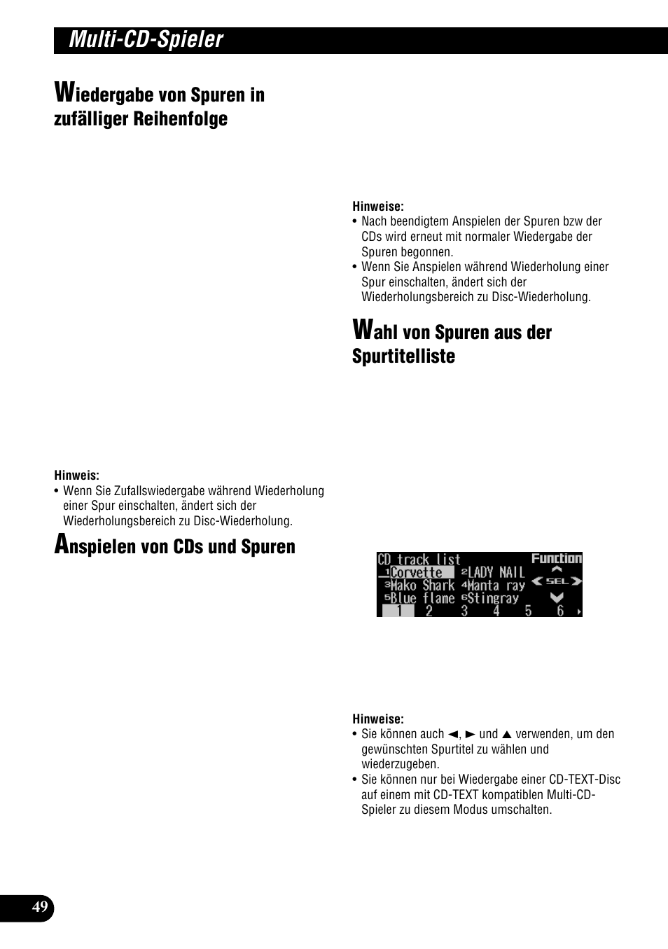 Wiedergabe von spuren in zufälliger, Reihenfolger, Multi-cd-spieler | Iedergabe von spuren in zufälliger reihenfolge, Nspielen von cds und spuren, Ahl von spuren aus der spurtitelliste | Pioneer DEH-P900HDD User Manual | Page 50 / 176
