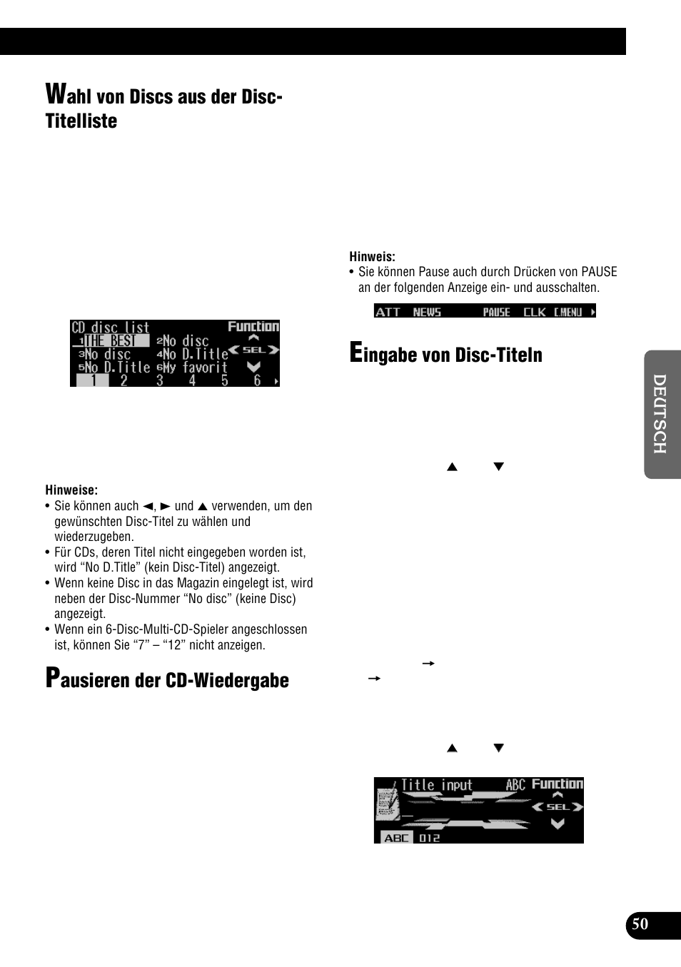 Ahl von discs aus der disc- titelliste, Ausieren der cd-wiedergabe, Ingabe von disc-titeln | Pioneer DEH-P900HDD User Manual | Page 51 / 176