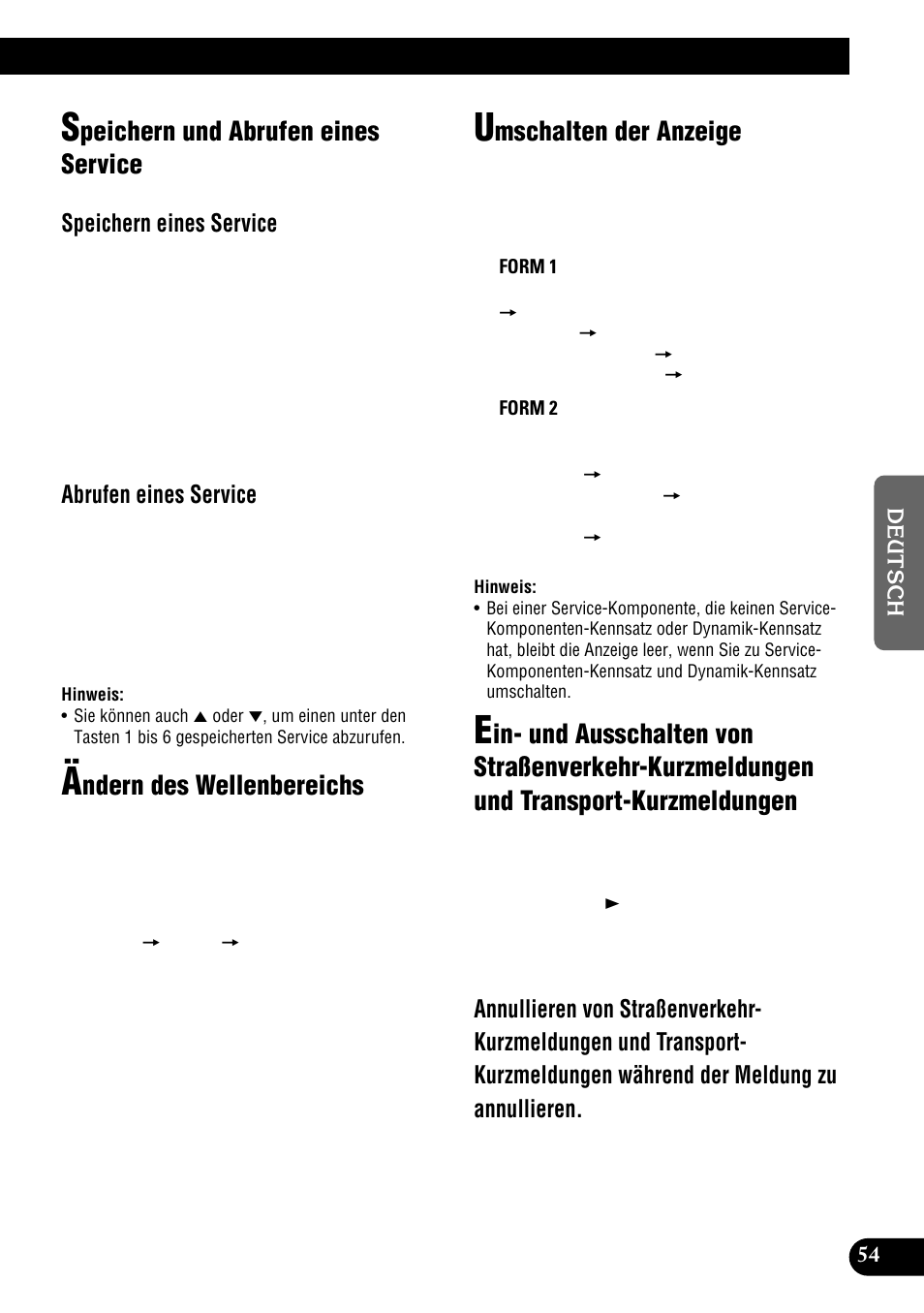 Kurzmeldungen und transport- kurzmeldungen, Peichern und abrufen eines service, Ndern des wellenbereichs | Mschalten der anzeige, Speichern eines service, Abrufen eines service | Pioneer DEH-P900HDD User Manual | Page 55 / 176