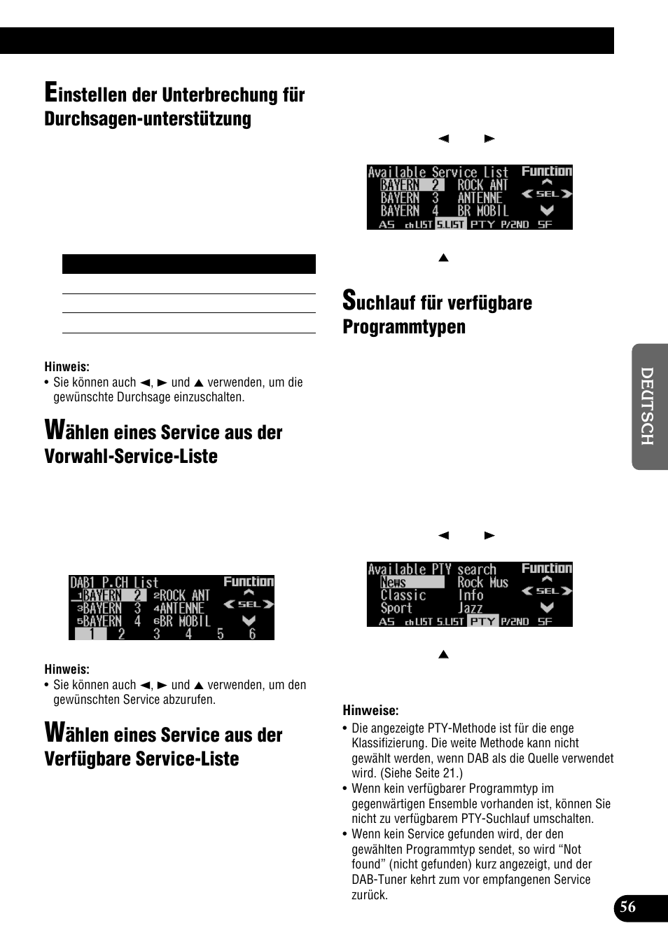 Einstellen der unterbrechung für, Durchsagen-unterstützung, Wählen eines service aus der | Vorwahl-service-liste, Verfügbare service-liste, Suchlauf für verfügbare programmtypen, Ählen eines service aus der vorwahl-service-liste, Uchlauf für verfügbare programmtypen | Pioneer DEH-P900HDD User Manual | Page 57 / 176