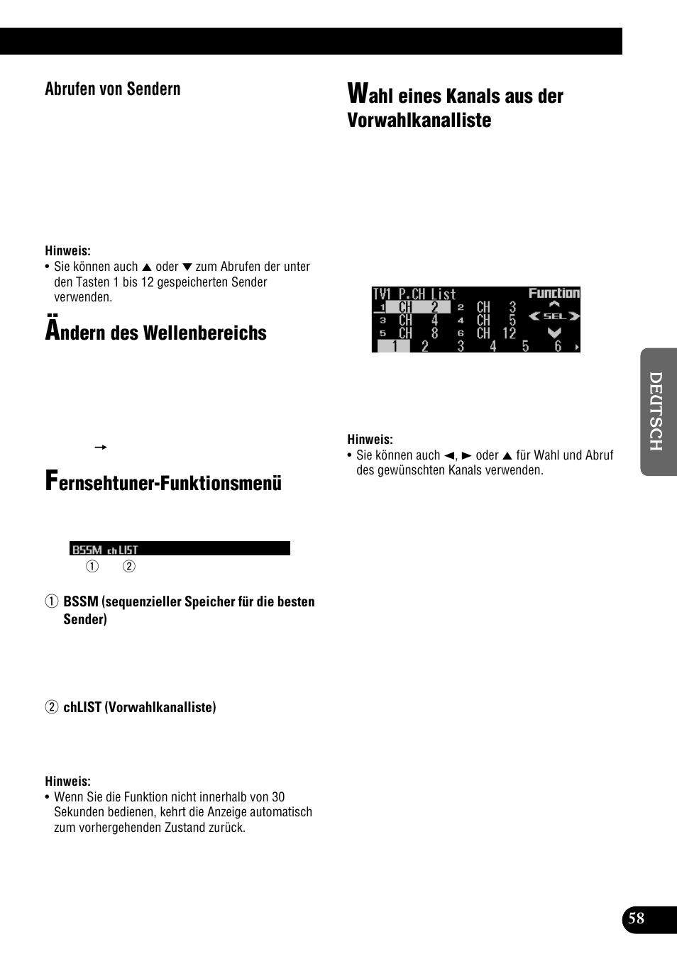 Der vorwahlkanalliste, Ndern des wellenbereichs, Ernsehtuner-funktionsmenü | Ahl eines kanals aus der vorwahlkanalliste, Abrufen von sendern | Pioneer DEH-P900HDD User Manual | Page 59 / 176