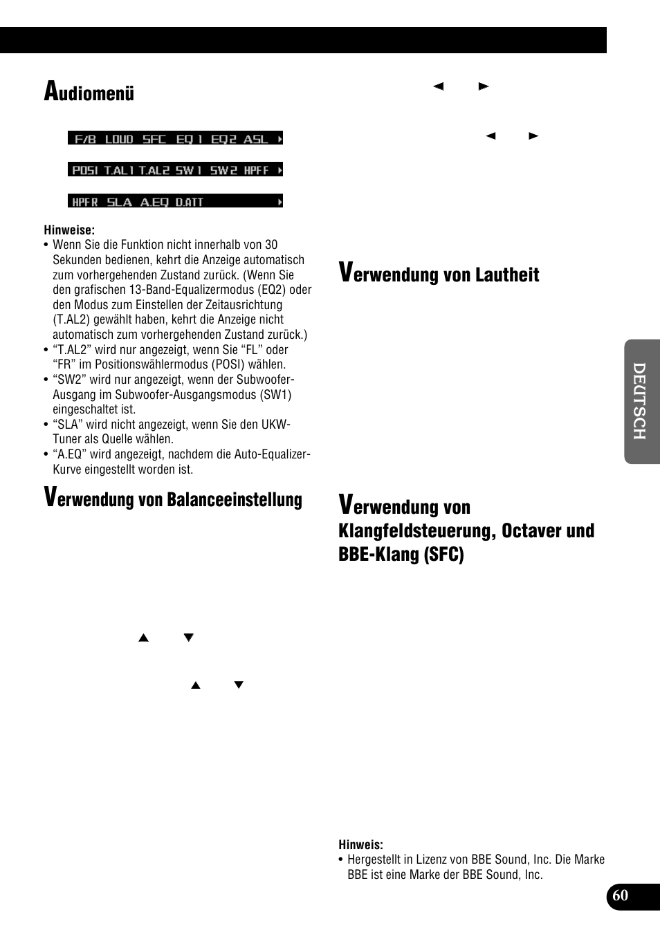 Und bbe-klang (sfc), Udiomenü, Erwendung von balanceeinstellung | Erwendung von lautheit | Pioneer DEH-P900HDD User Manual | Page 61 / 176