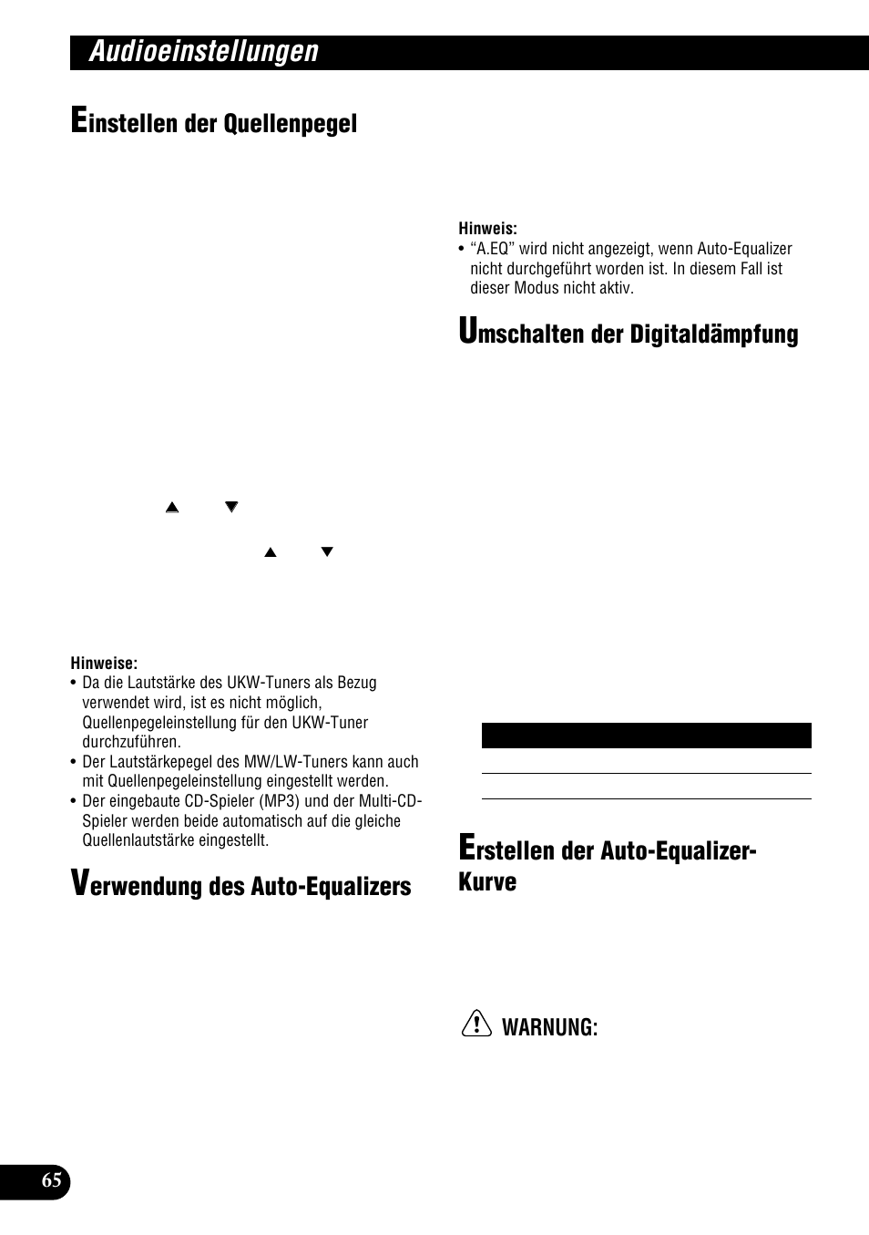 Audioeinstellungen, Instellen der quellenpegel, Erwendung des auto-equalizers | Mschalten der digitaldämpfung, Rstellen der auto-equalizer- kurve, Warnung | Pioneer DEH-P900HDD User Manual | Page 66 / 176