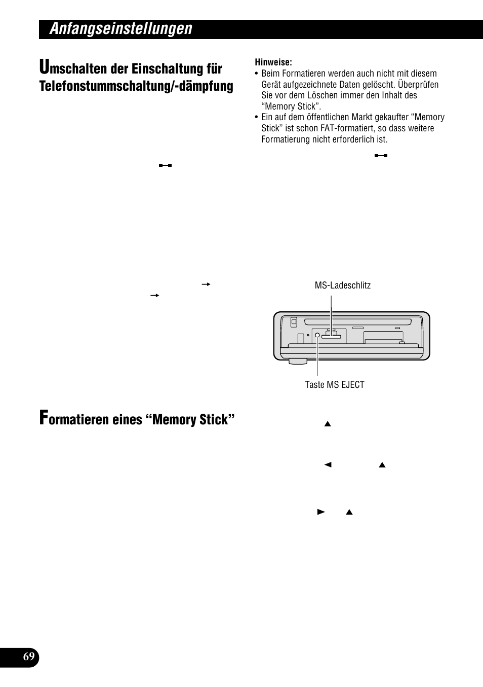 Umschalten der einschaltung für, Telefonstummschaltung/-dämpfung, Formatieren eines “memory stick | Anfangseinstellungen | Pioneer DEH-P900HDD User Manual | Page 70 / 176