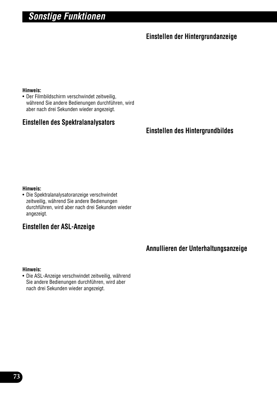 Sonstige funktionen, Einstellen des spektralanalysators, Einstellen der asl-anzeige | Einstellen der hintergrundanzeige, Einstellen des hintergrundbildes, Annullieren der unterhaltungsanzeige | Pioneer DEH-P900HDD User Manual | Page 74 / 176