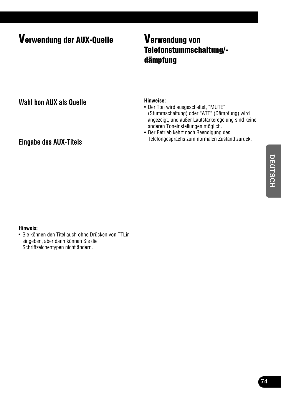 Dämpfung, Erwendung der aux-quelle, Erwendung von telefonstummschaltung/- dämpfung | Wahl bon aux als quelle, Eingabe des aux-titels | Pioneer DEH-P900HDD User Manual | Page 75 / 176