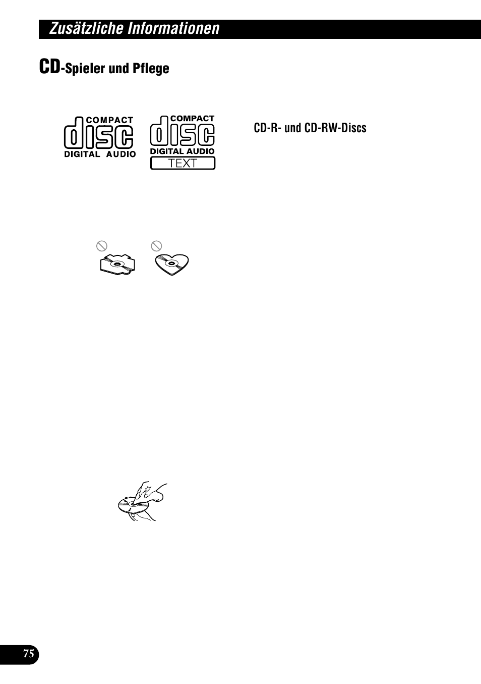 Zusätzliche informationen, Cd-spieler und pflege, Spieler und pflege | Cd-r- und cd-rw-discs | Pioneer DEH-P900HDD User Manual | Page 76 / 176