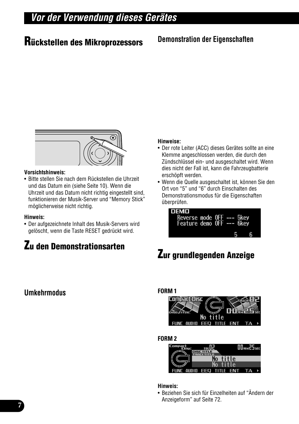 Vor der verwendung dieses gerätes, Ückstellen des mikroprozessors, U den demonstrationsarten | Ur grundlegenden anzeige | Pioneer DEH-P900HDD User Manual | Page 8 / 176