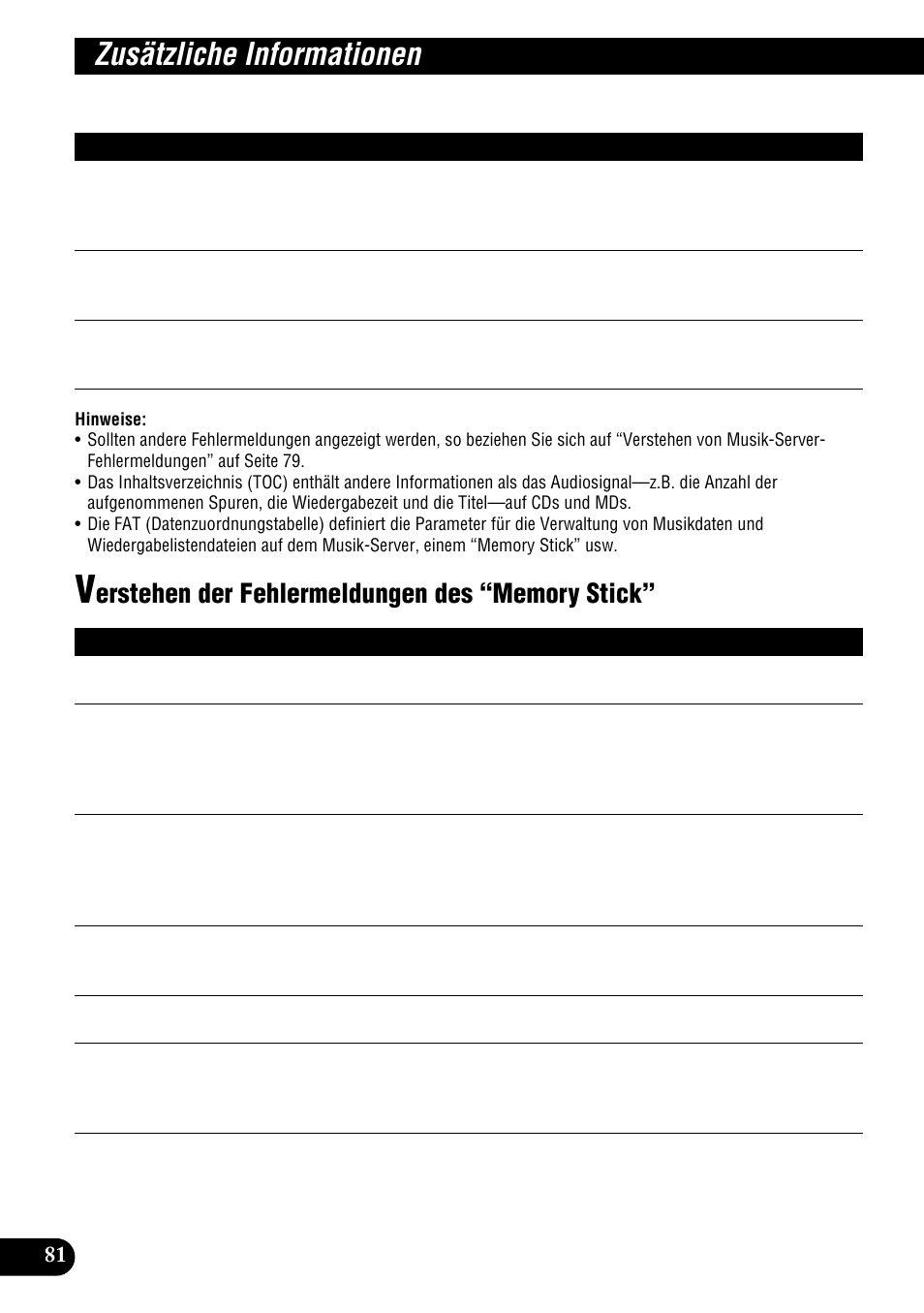 Verstehen der fehlermeldungen des, Memory stick, Zusätzliche informationen | Pioneer DEH-P900HDD User Manual | Page 82 / 176