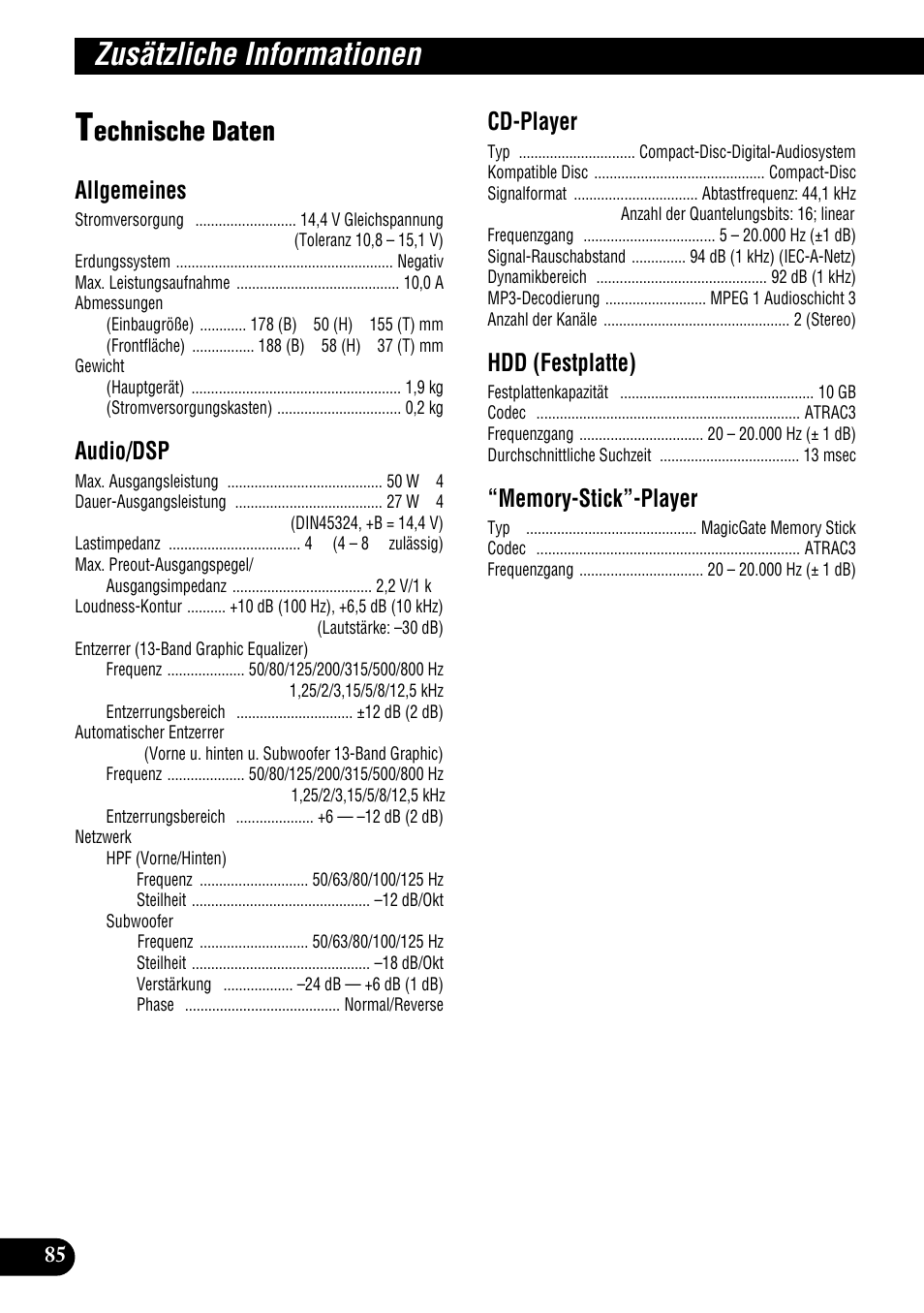 Technische daten, Zusätzliche informationen, Echnische daten | Allgemeines, Audio/dsp, Cd-player, Hdd (festplatte) | Pioneer DEH-P900HDD User Manual | Page 86 / 176