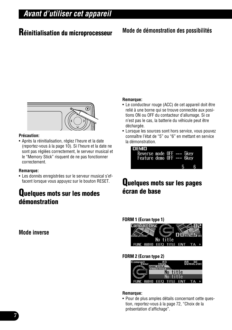 Avant d’utiliser cet appareil, Éinitialisation du microprocesseur, Uelques mots sur les modes démonstration | Uelques mots sur les pages écran de base | Pioneer DEH-P900HDD User Manual | Page 94 / 176