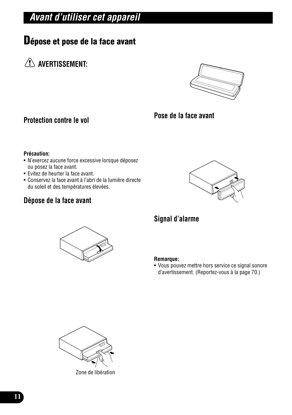 Dépose et pose de la face avant, Avant d’utiliser cet appareil, Épose et pose de la face avant | Avertissement, Protection contre le vol, Dépose de la face avant, Pose de la face avant, Signal d’alarme | Pioneer DEH-P900HDD User Manual | Page 98 / 176