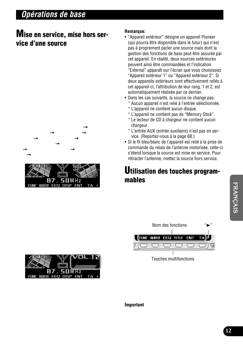 Opérations de base, Mise en service, mise hors service, D’une source | Utilisation des touches programmables, Ise en service, mise hors ser- vice d’une source, Tilisation des touches program- mables | Pioneer DEH-P900HDD User Manual | Page 99 / 176