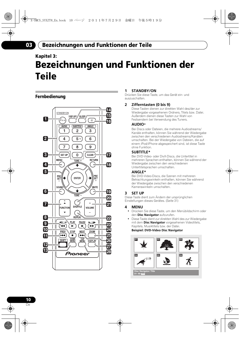 Fernbedienung, Bezeichnungen und funktionen der teile, Bezeichnungen und funktionen der teile 03 | Kapitel 3 | Pioneer X-SMC5-K User Manual | Page 10 / 224