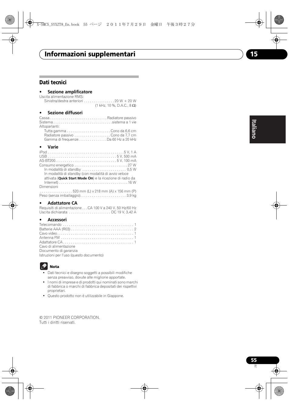 Dati tecnici, Informazioni supplementari 15, Deutsch italiano nederlands pyccкий | Pioneer X-SMC5-K User Manual | Page 109 / 224