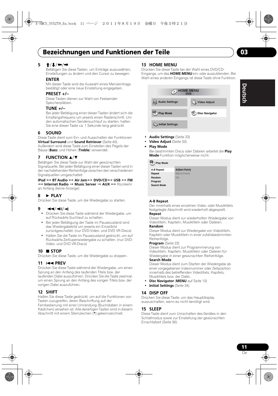Bezeichnungen und funktionen der teile 03, Deutsch italiano nederlands pyccкий | Pioneer X-SMC5-K User Manual | Page 11 / 224