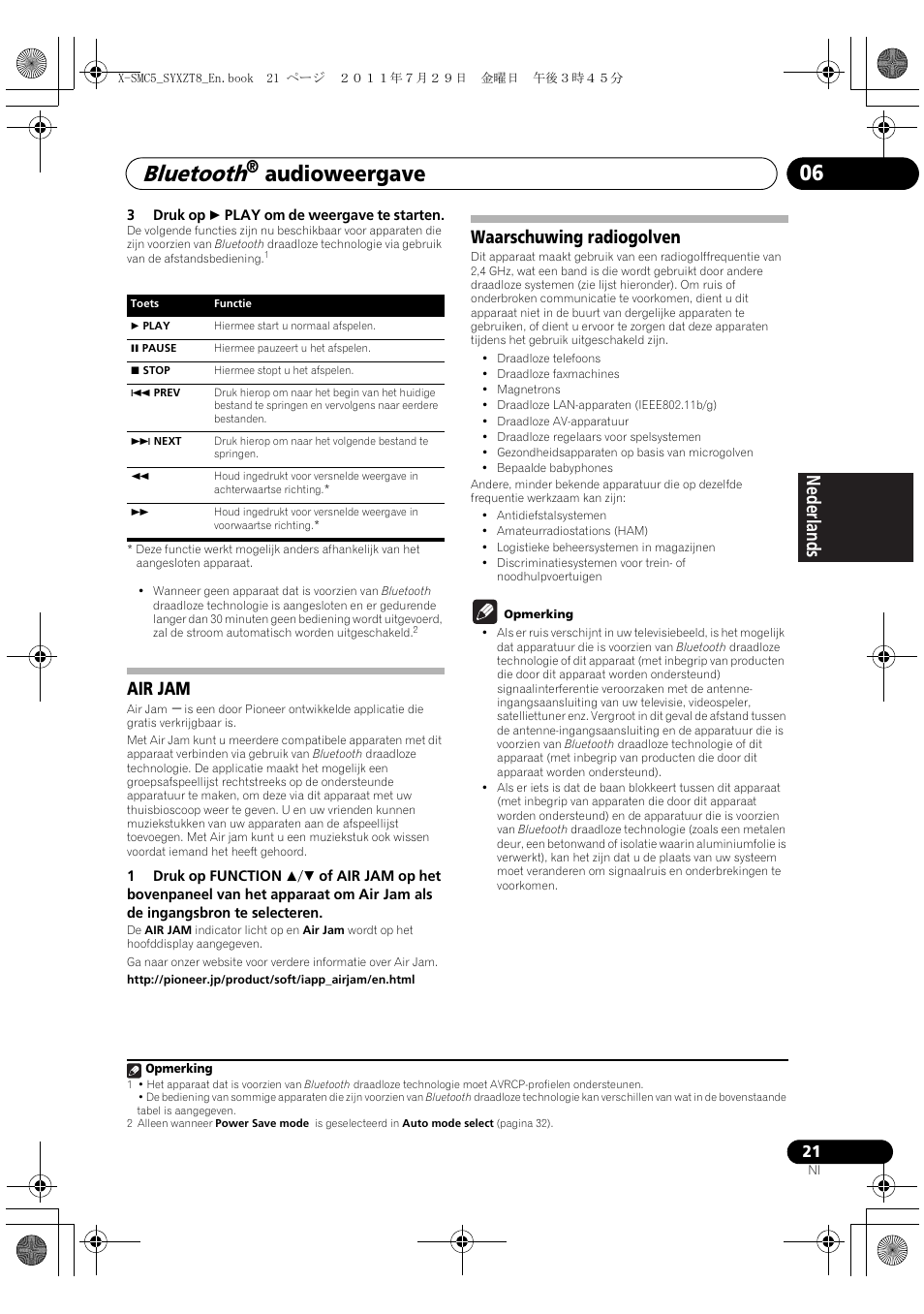 Air jam waarschuwing radiogolven, Bluetooth, Audioweergave 06 | Deutsch italiano nederlands pyccкий, Air jam, Waarschuwing radiogolven | Pioneer X-SMC5-K User Manual | Page 129 / 224
