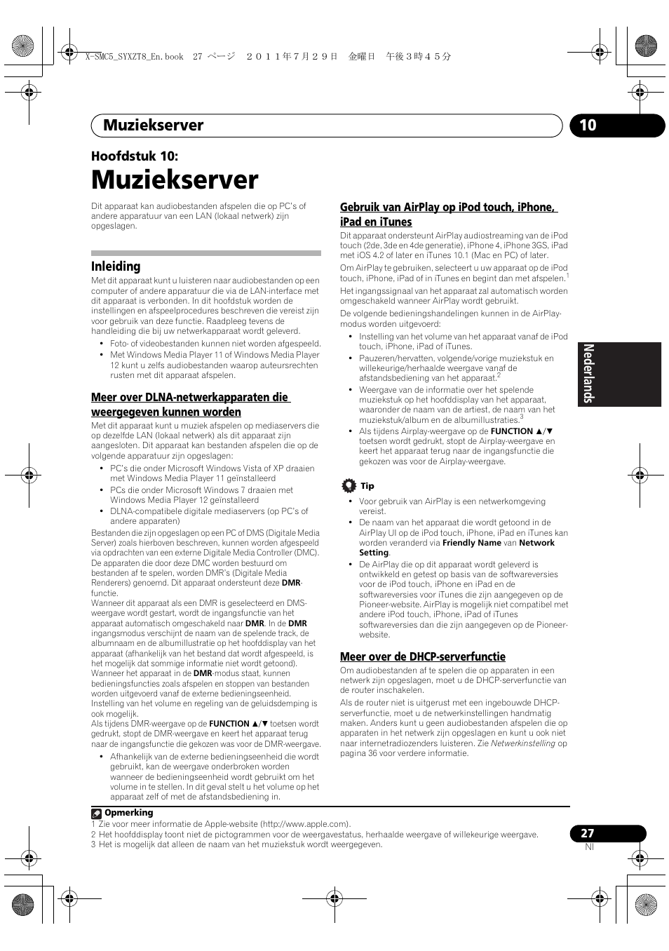 Inleiding, Muziekserver, Muziekserver 10 | Deutsch italiano nederlands pyccкий, Hoofdstuk 10 | Pioneer X-SMC5-K User Manual | Page 135 / 224