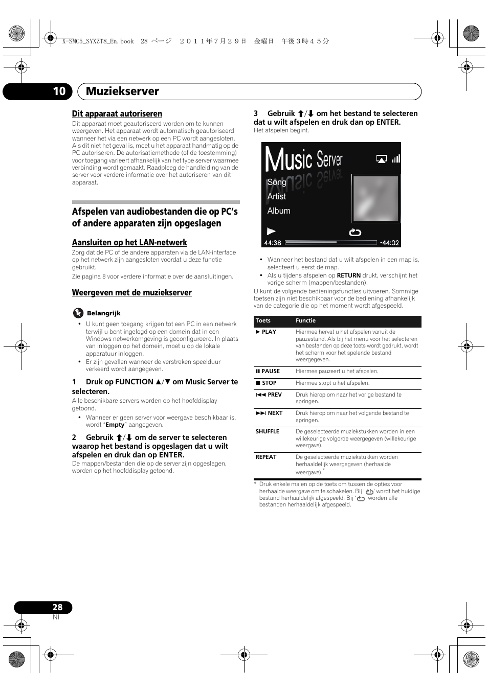 Dit apparaat autoriseren, Muziekserver 10, Aansluiten op het lan-netwerk | Weergeven met de muziekserver, Song artist album | Pioneer X-SMC5-K User Manual | Page 136 / 224