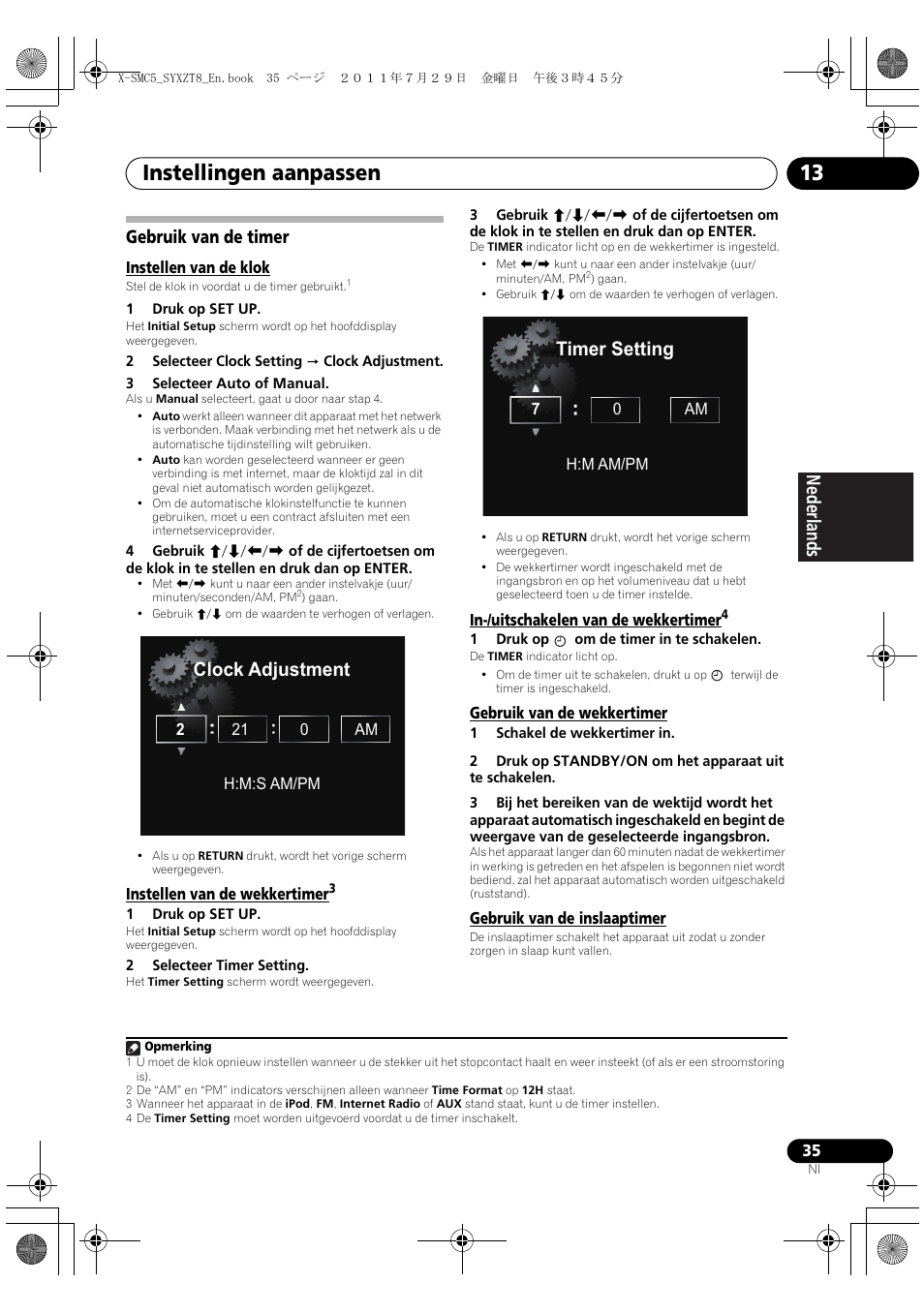 Gebruik van de timer, Instellingen aanpassen 13, Deutsch italiano nederlands pyccкий | Clock adjustment, Timer setting | Pioneer X-SMC5-K User Manual | Page 143 / 224