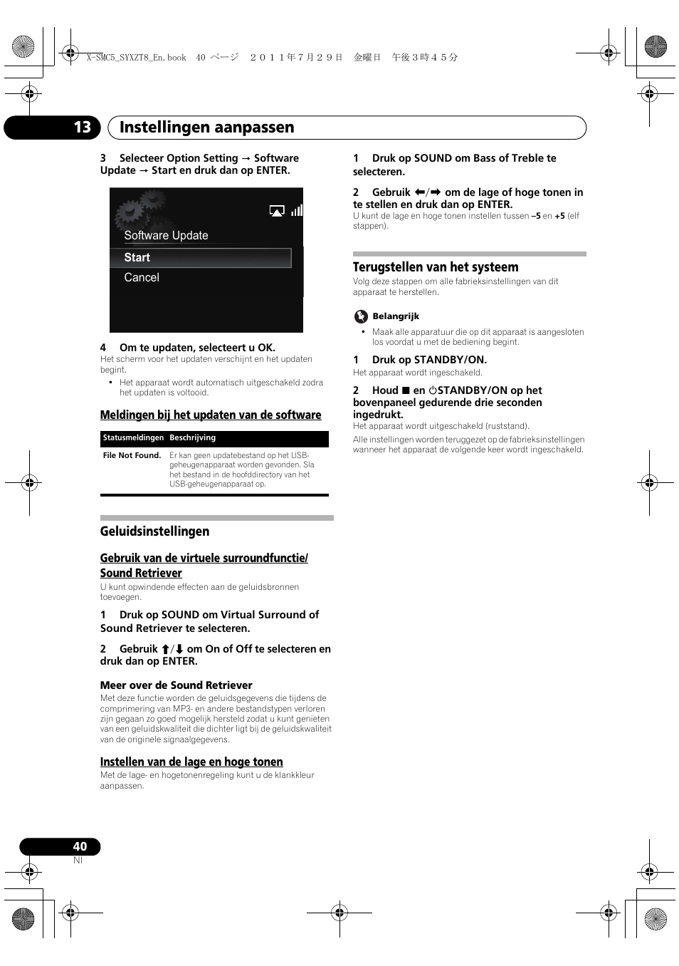 Meldingen bij het updaten van de software, Geluidsinstellingen, Terugstellen van het systeem | Instellingen aanpassen 13 | Pioneer X-SMC5-K User Manual | Page 148 / 224