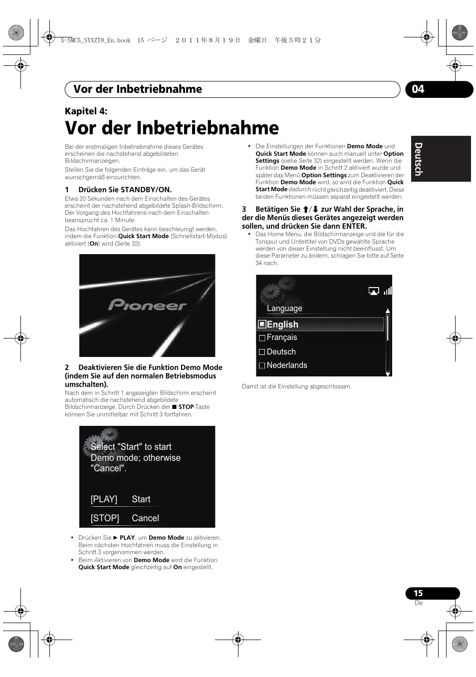 Vor der inbetriebnahme, Vor der inbetriebnahme 04, Deutsch italiano nederlands pyccкий | Pioneer X-SMC5-K User Manual | Page 15 / 224