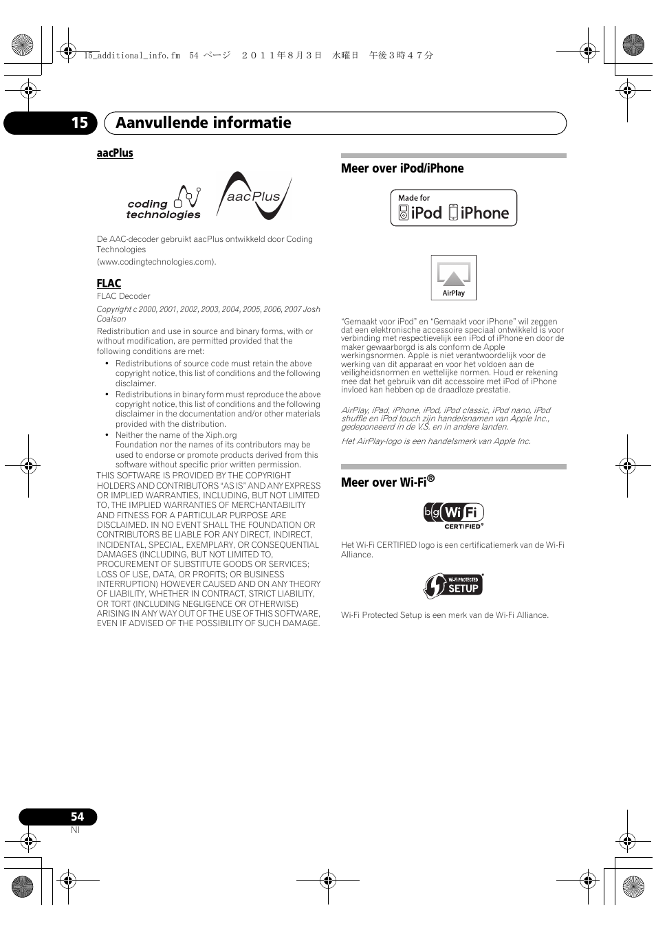 Meer over ipod/iphone meer over wi-fi, Aanvullende informatie 15, Meer over ipod/iphone | Meer over wi-fi | Pioneer X-SMC5-K User Manual | Page 162 / 224