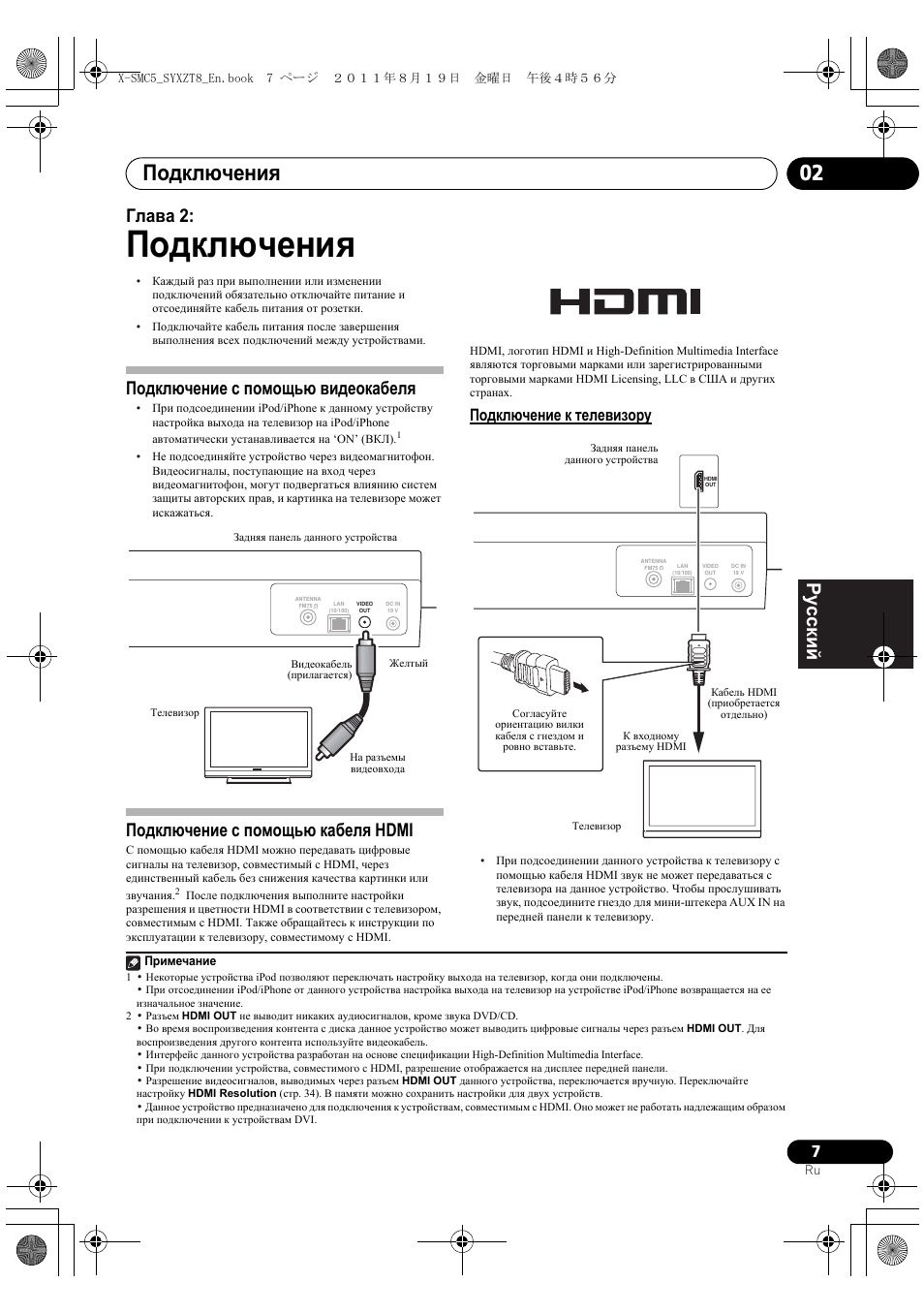 Подключение к телевизору, Подключения, Подключения 02 | Deutsch italiano nederlands pyccкий, Глава 2, Подключение с помощью видеокабеля, Подключение с помощью кабеля hdmi | Pioneer X-SMC5-K User Manual | Page 169 / 224