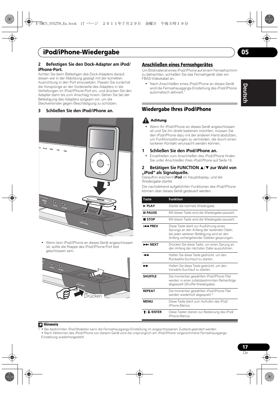 Anschließen eines fernsehgerätes, Wiedergabe ihres ipod/iphone, Ipod/iphone-wiedergabe 05 | Deutsch italiano nederlands pyccкий | Pioneer X-SMC5-K User Manual | Page 17 / 224