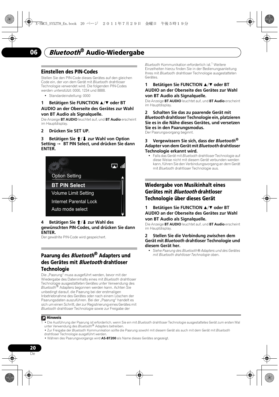 Bluetooth, Audio-wiedergabe 06, Einstellen des pin-codes | Paarung des bluetooth | Pioneer X-SMC5-K User Manual | Page 20 / 224
