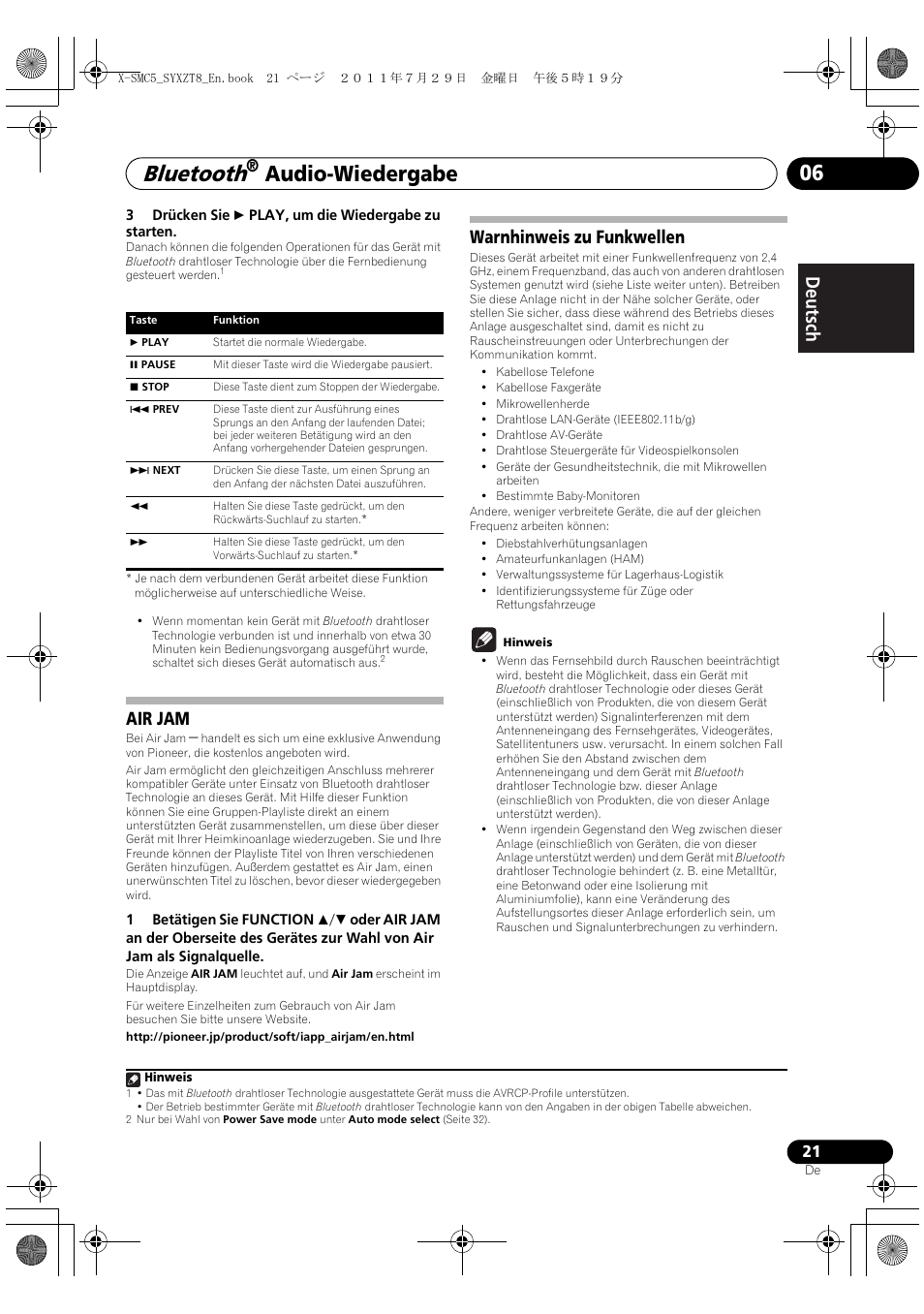 Air jam warnhinweis zu funkwellen, Bluetooth, Audio-wiedergabe 06 | Deutsch italiano nederlands pyccкий, Air jam, Warnhinweis zu funkwellen | Pioneer X-SMC5-K User Manual | Page 21 / 224
