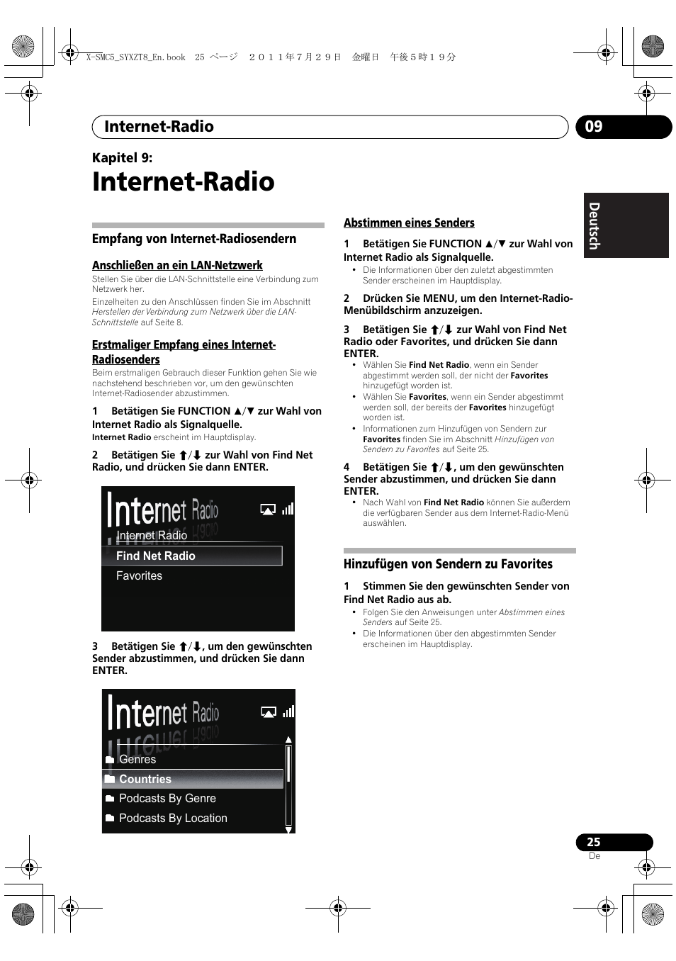 Empfang von internet-radiosendern, Hinzufügen von sendern zu favorites, Internet-radio | Internet-radio 09, Deutsch italiano nederlands pyccкий, Kapitel 9 | Pioneer X-SMC5-K User Manual | Page 25 / 224