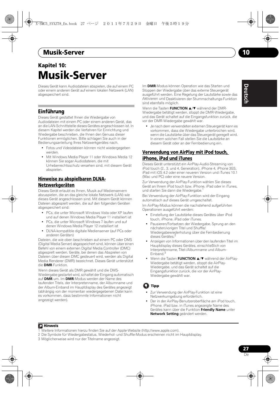 Einführung, Musik-server, Musik-server 10 | Deutsch italiano nederlands pyccкий, Kapitel 10 | Pioneer X-SMC5-K User Manual | Page 27 / 224