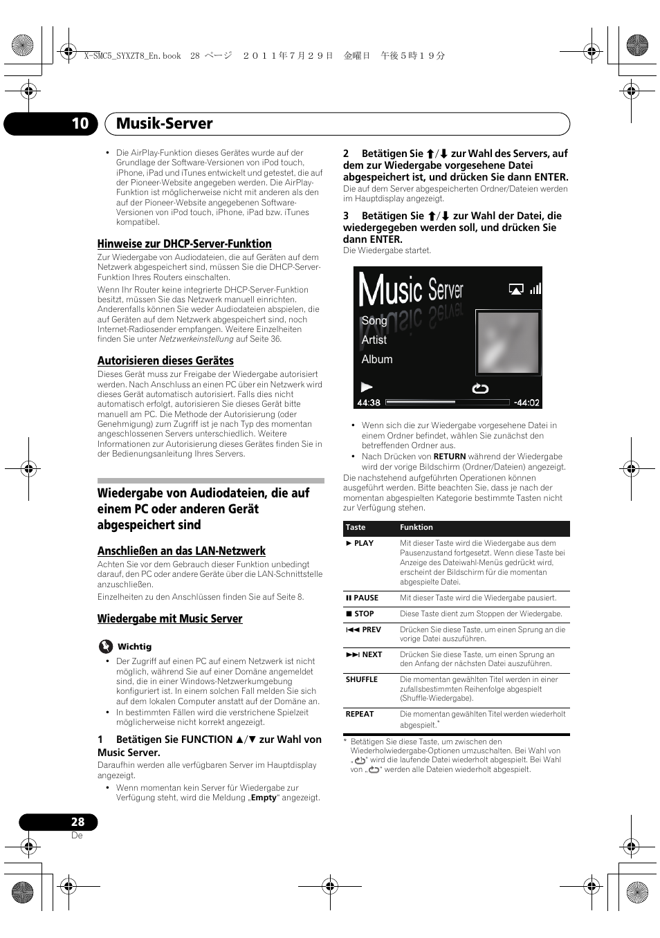 Autorisieren dieses gerätes, Musik-server 10, Hinweise zur dhcp-server-funktion | Anschließen an das lan-netzwerk, Wiedergabe mit music server, Song artist album | Pioneer X-SMC5-K User Manual | Page 28 / 224