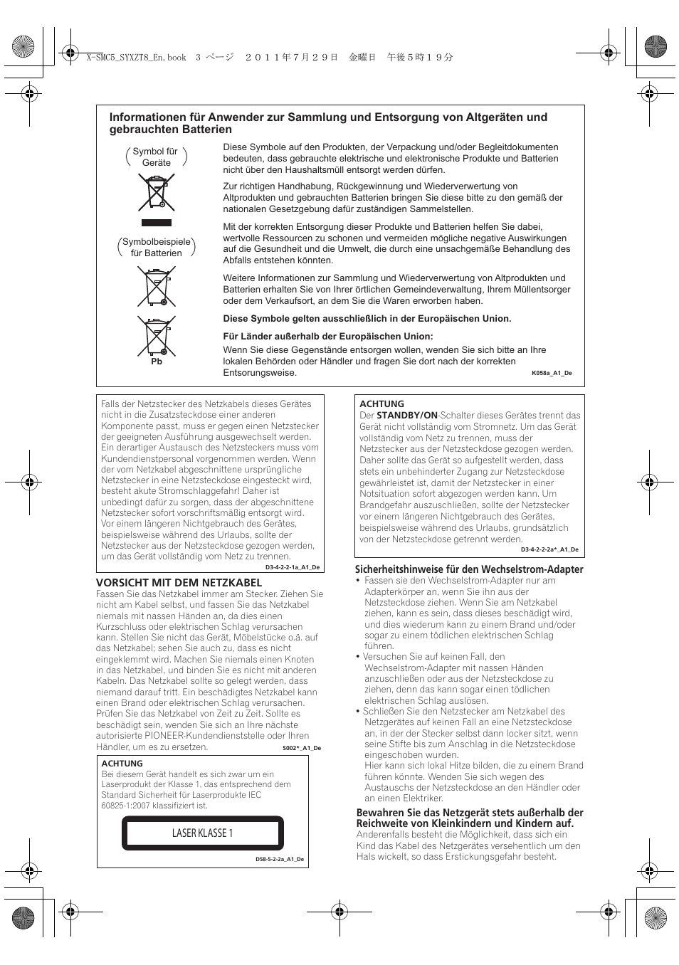 Laser klasse 1 | Pioneer X-SMC5-K User Manual | Page 3 / 224