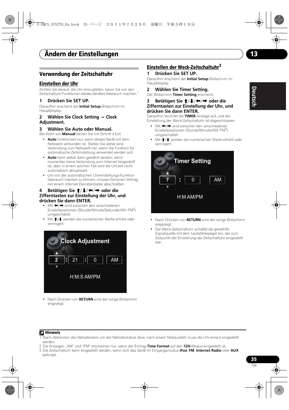 Verwendung der zeitschaltuhr, Ändern der einstellungen 13, Deutsch italiano nederlands pyccкий | Clock adjustment, Timer setting | Pioneer X-SMC5-K User Manual | Page 35 / 224