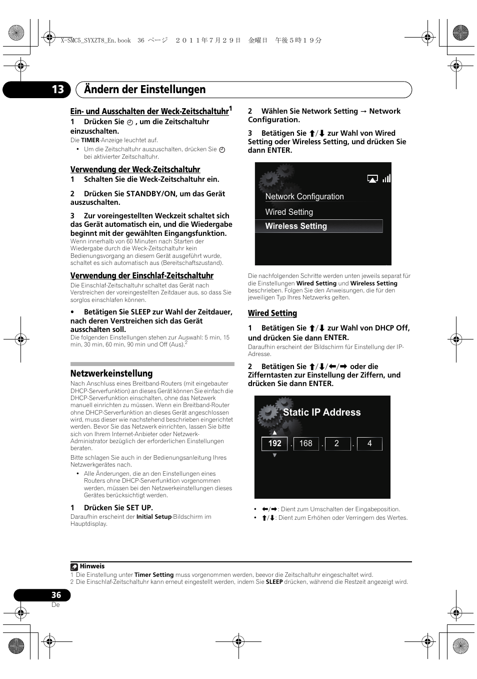 Netzwerkeinstellung, Wired setting, Ändern der einstellungen 13 | Static ip address | Pioneer X-SMC5-K User Manual | Page 36 / 224