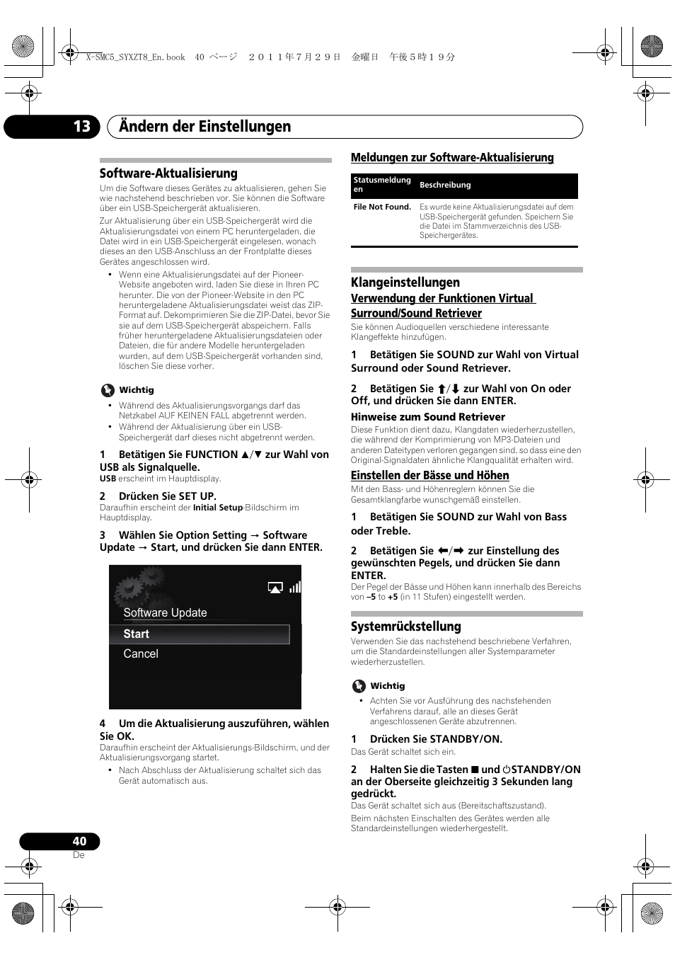 Software-aktualisierung, Meldungen zur software-aktualisierung, Klangeinstellungen | Systemrückstellung, Ändern der einstellungen 13 | Pioneer X-SMC5-K User Manual | Page 40 / 224