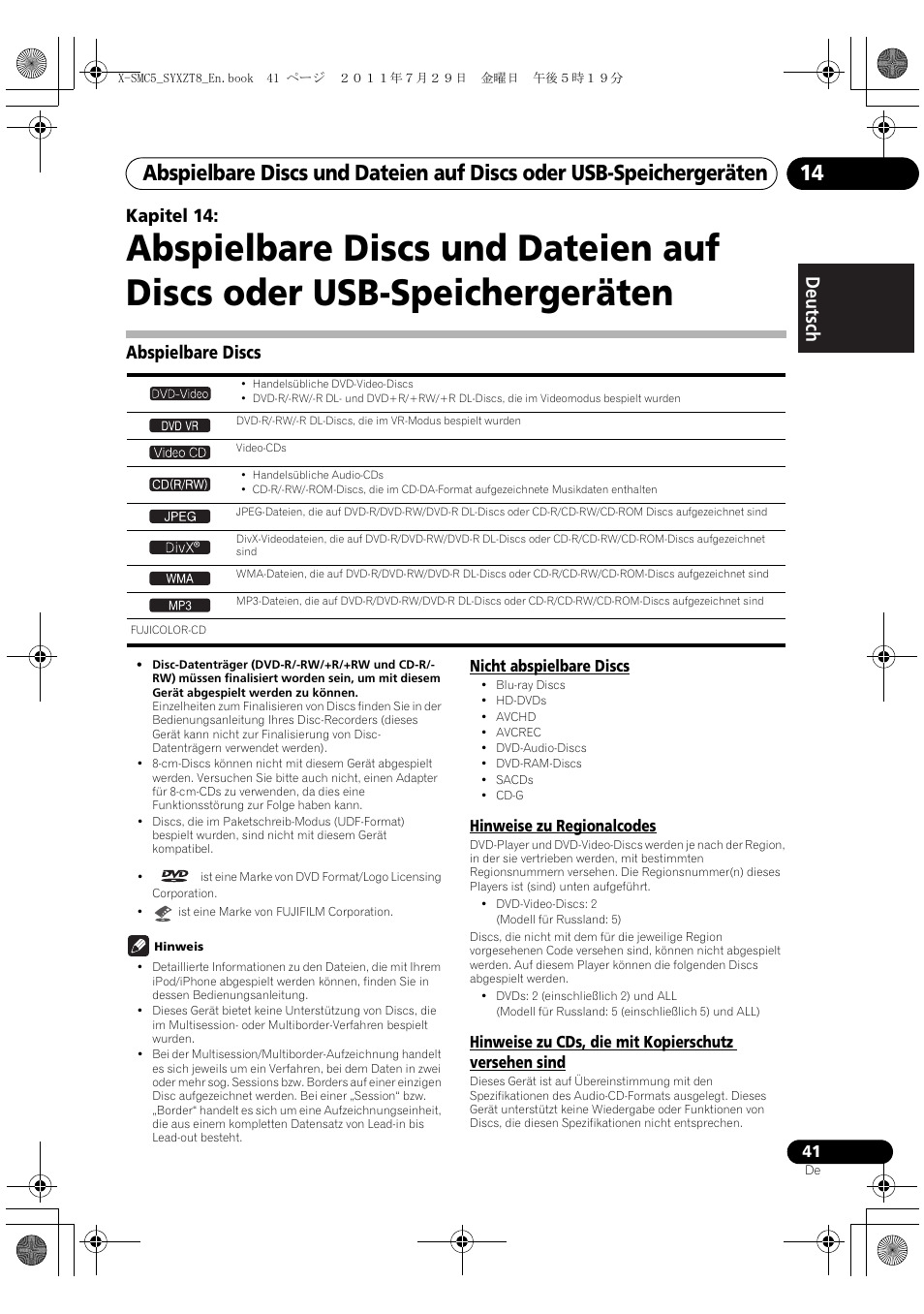 Abspielbare discs, Deutsch italiano nederlands pyccкий, Kapitel 14 | Pioneer X-SMC5-K User Manual | Page 41 / 224
