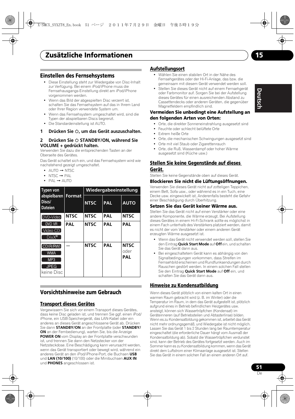 Zusätzliche informationen 15, Deutsch italiano nederlands pyccкий, Einstellen des fernsehsystems | Vorsichtshinweise zum gebrauch | Pioneer X-SMC5-K User Manual | Page 51 / 224