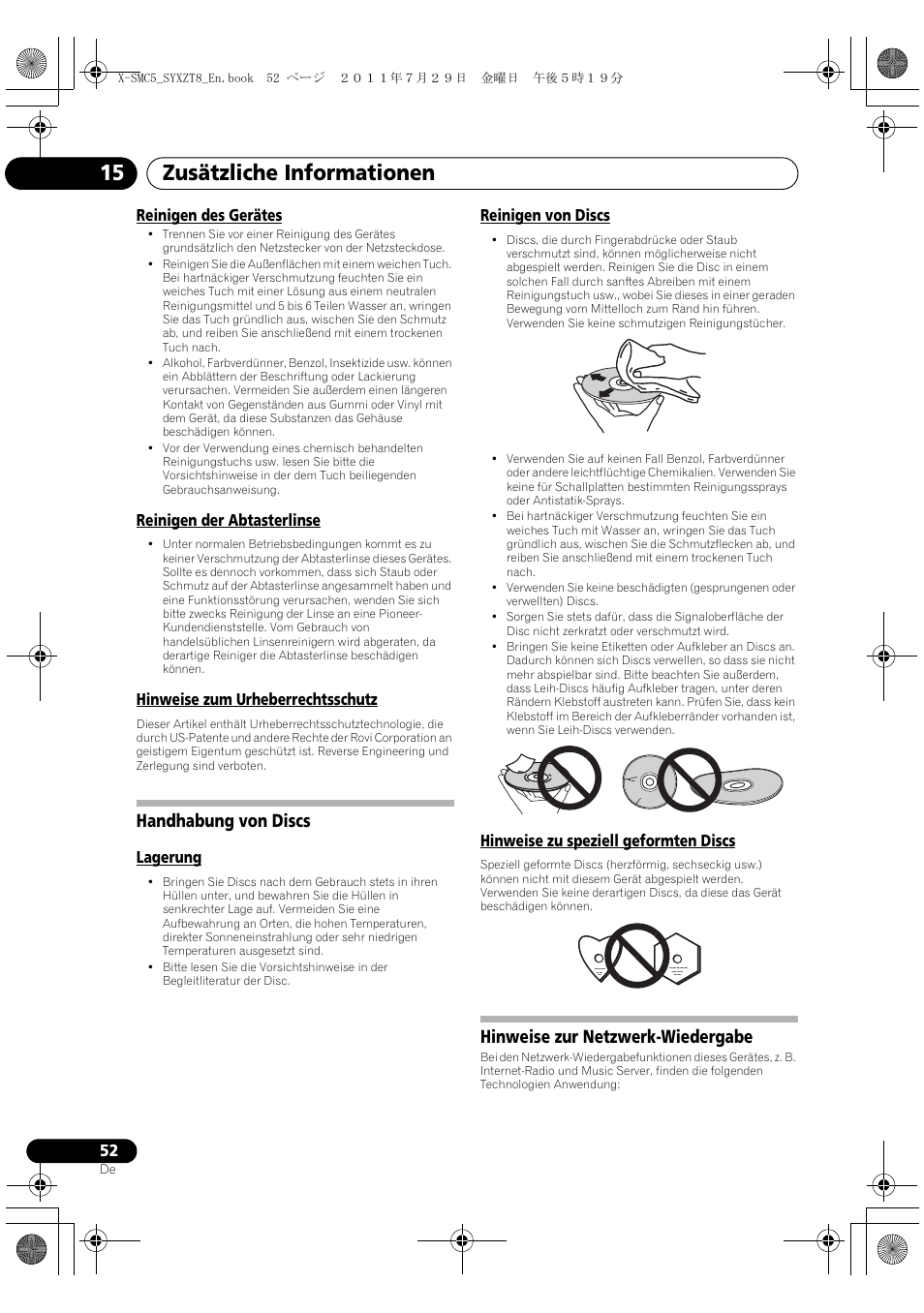 Zusätzliche informationen 15, Handhabung von discs, Hinweise zur netzwerk-wiedergabe | Pioneer X-SMC5-K User Manual | Page 52 / 224