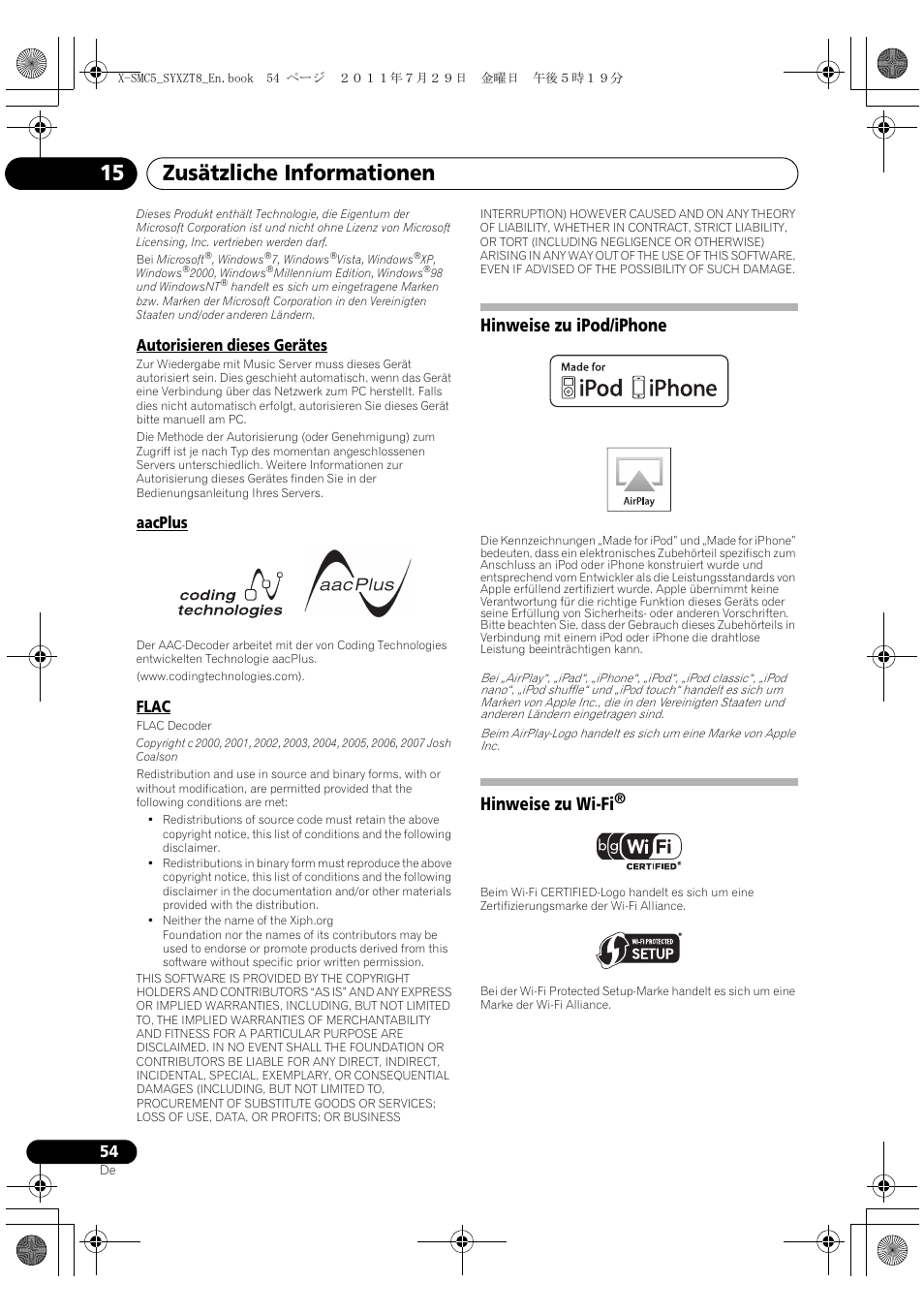 Hinweise zu ipod/iphone hinweise zu wi-fi, Zusätzliche informationen 15, Hinweise zu ipod/iphone | Hinweise zu wi-fi, Autorisieren dieses gerätes, Aacplus, Flac | Pioneer X-SMC5-K User Manual | Page 54 / 224