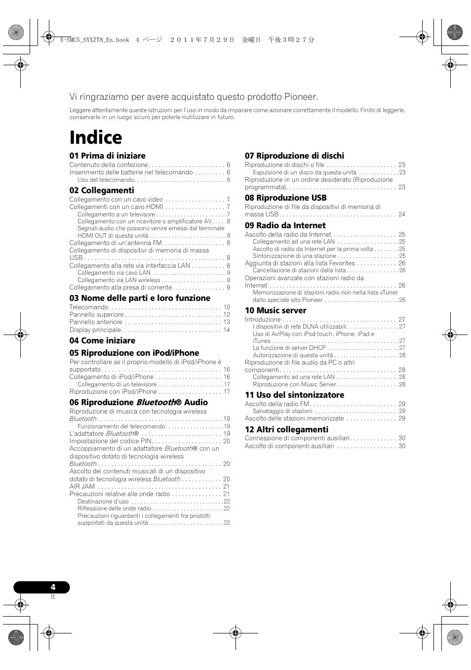 Sistema micro slim av, Istruzioni per i’uso, Indice | Bluetooth | Pioneer X-SMC5-K User Manual | Page 58 / 224