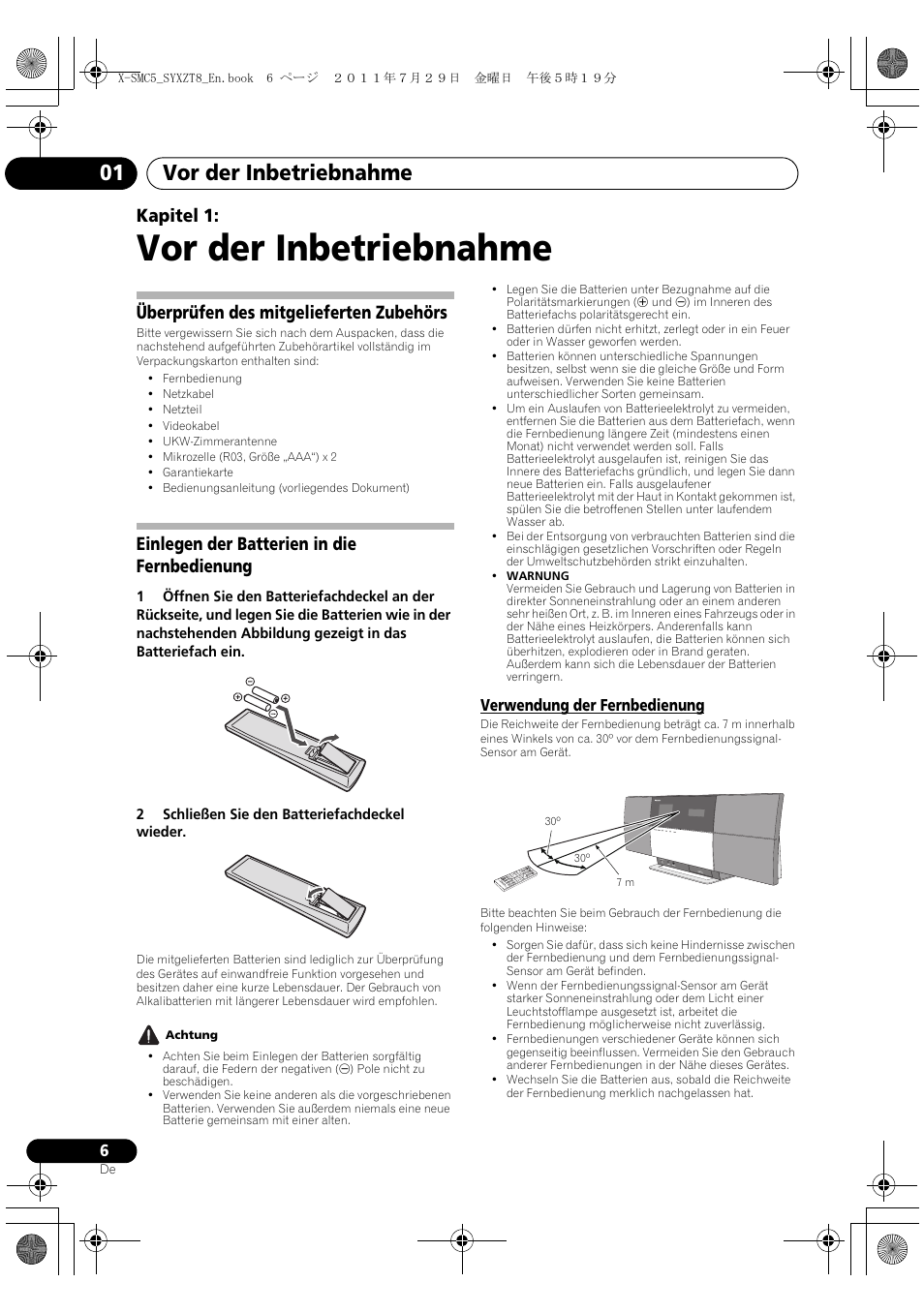 Verwendung der fernbedienung, Vor der inbetriebnahme, Vor der inbetriebnahme 01 | Kapitel 1, Überprüfen des mitgelieferten zubehörs, Einlegen der batterien in die fernbedienung | Pioneer X-SMC5-K User Manual | Page 6 / 224