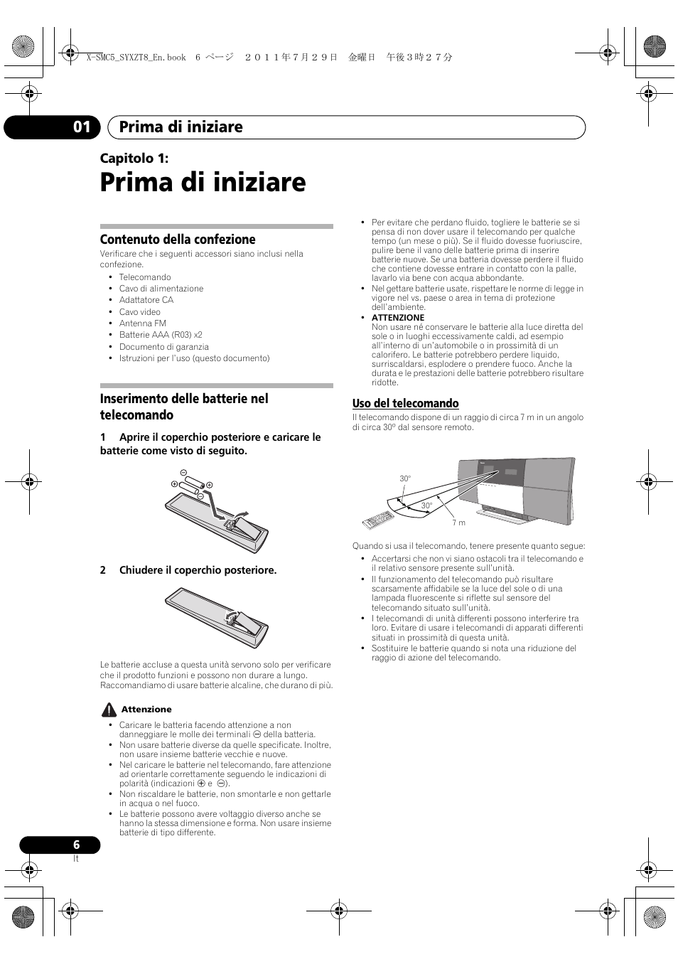 Uso del telecomando, Prima di iniziare, Prima di iniziare 01 | Capitolo 1, Contenuto della confezione, Inserimento delle batterie nel telecomando | Pioneer X-SMC5-K User Manual | Page 60 / 224