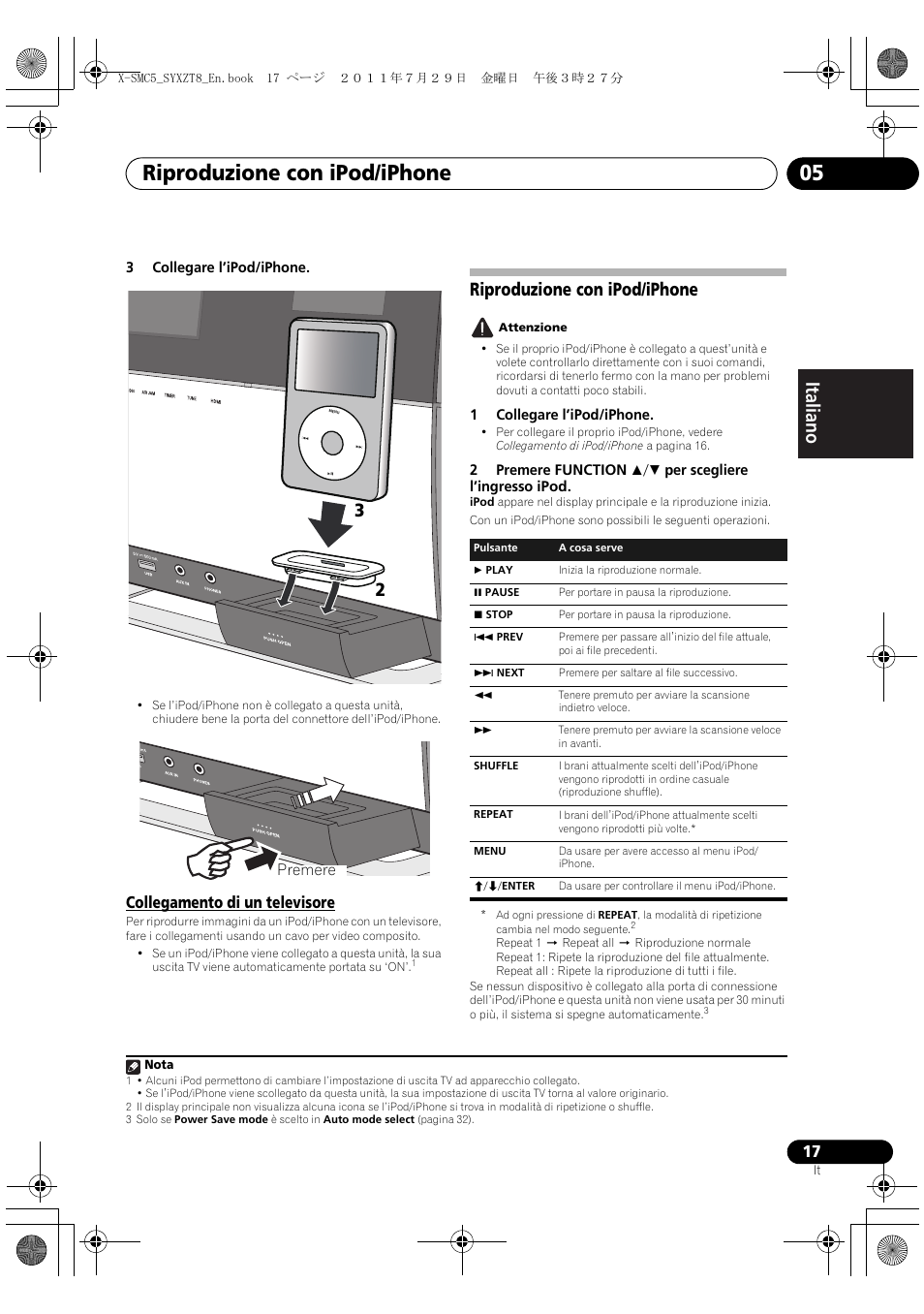 Collegamento di un televisore, Riproduzione con ipod/iphone, Riproduzione con ipod/iphone 05 | Deutsch italiano nederlands pyccкий, Premere | Pioneer X-SMC5-K User Manual | Page 71 / 224